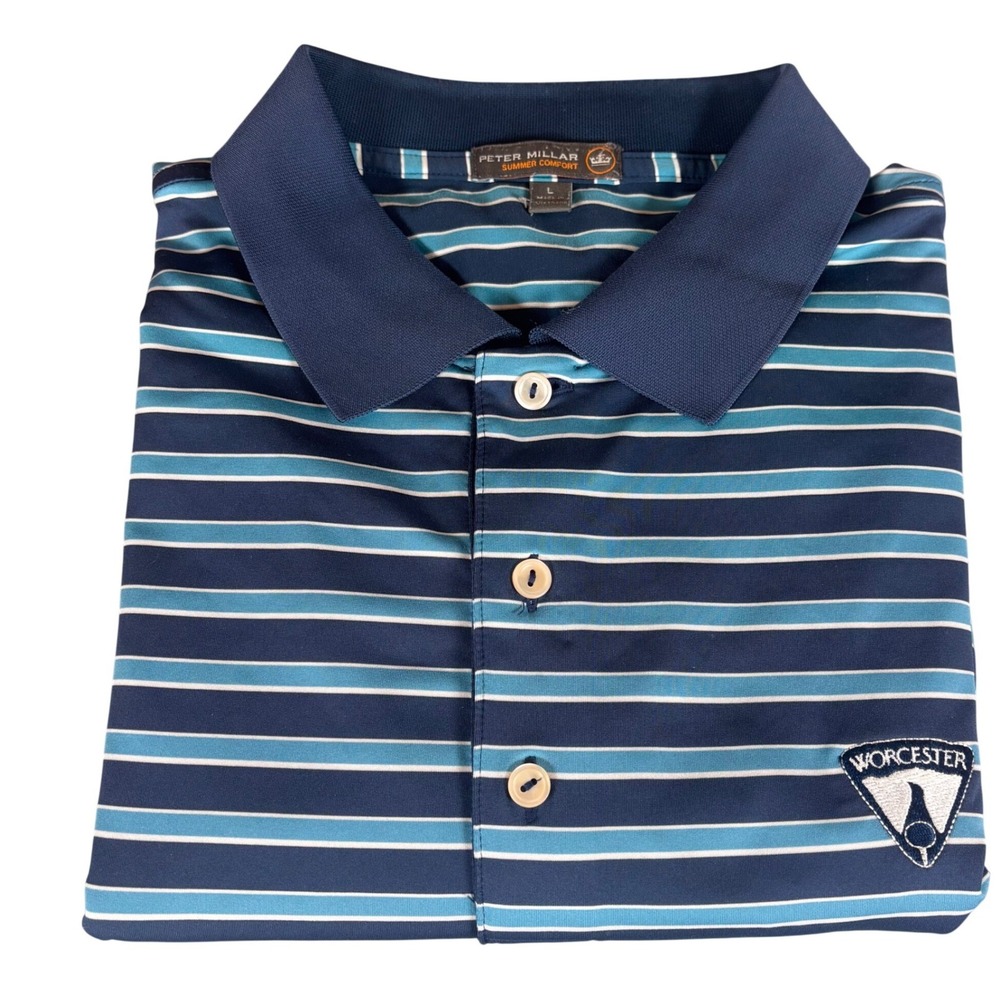 Peter Millar Mens Polo Shirt Sz L Blue Stripes Worcester Sumer Comfort Golf